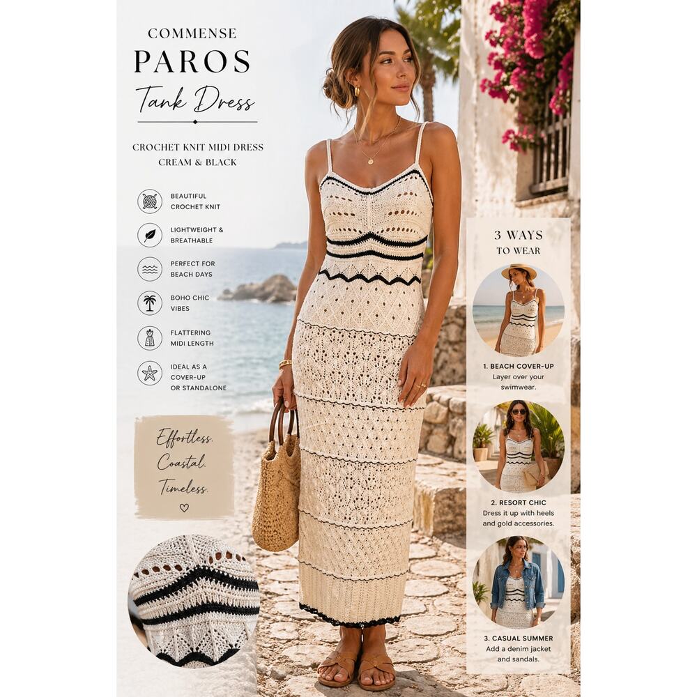 Commense Paros Tank Dress Sweater SZS Crochet Knit Midi Cream Black Boho Beach